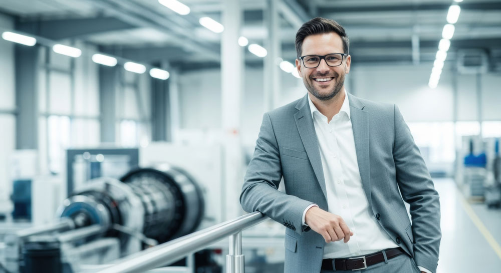 Geschäftsmann in modernem grauen Anzug steht lächelnd in einer hellen Produktionshalle – Symbolbild für die LeasingUnion Hamm und ihre professionelle, partnerschaftliche Betreuung von Firmenkunden im Industrieumfeld.